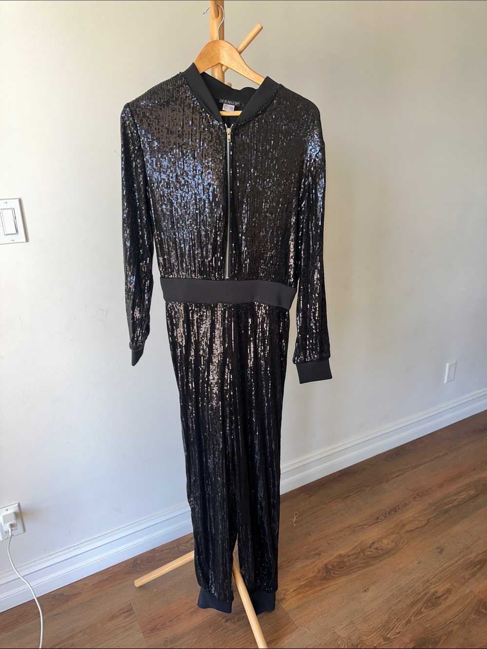 VENUS Black Sequin Zip-Front Jumpsuit